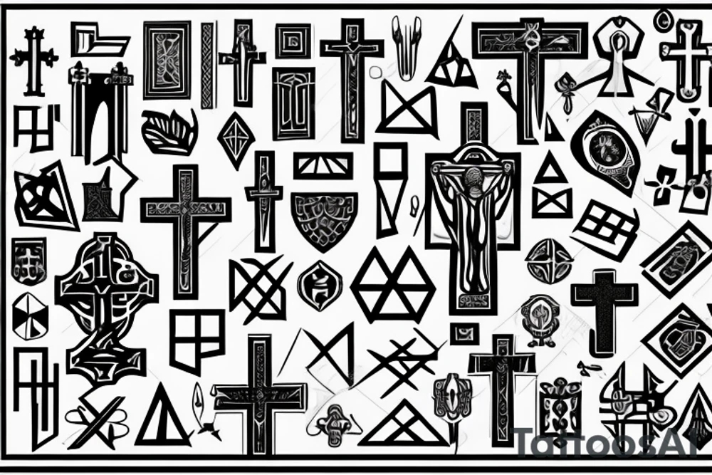 3 Christian Crosses like on calvary in the bible. With Geometric designs radiating around them tattoo idea