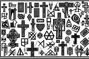 3 Christian Crosses like on calvary in the bible. With Geometric designs radiating around them tattoo idea
