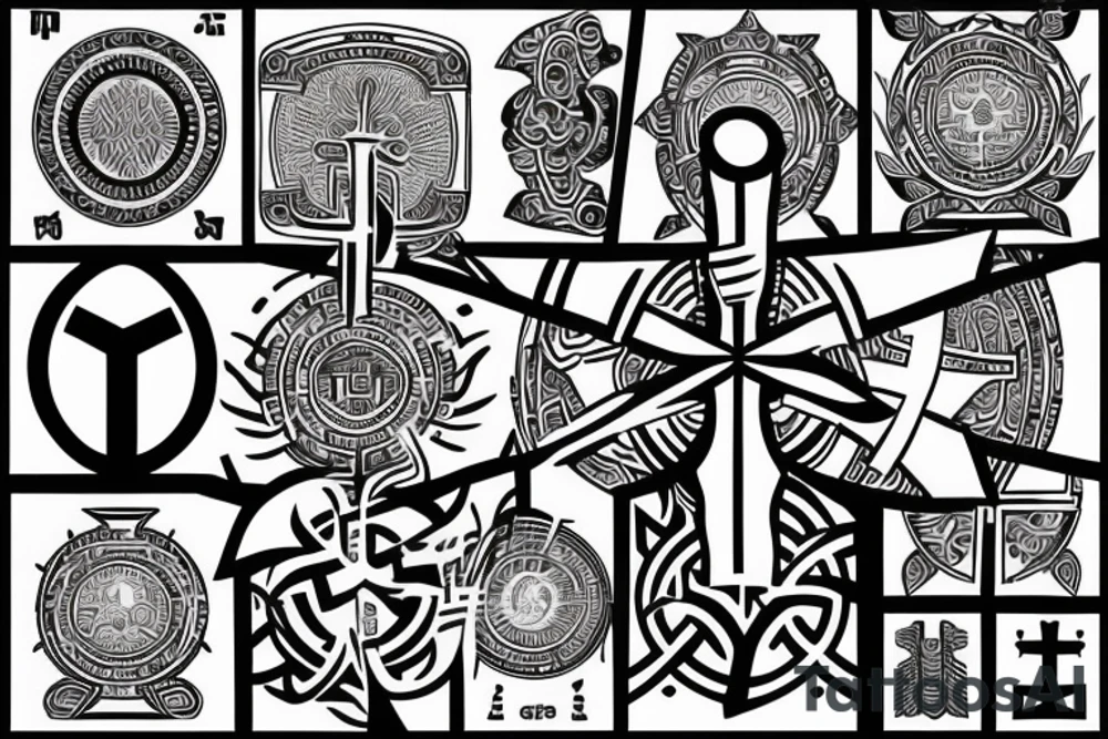 3 Christian Crosses like on calvary in the bible. With Geometric designs radiating around them. Back Tattoo tattoo idea