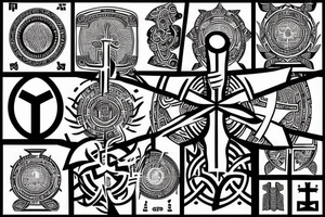 3 Christian Crosses like on calvary in the bible. With Geometric designs radiating around them. Back Tattoo tattoo idea