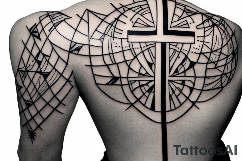 3 Christian Crosses like on calvary in the bible. With Geometric designs radiating around them. Back Tattoo tattoo idea