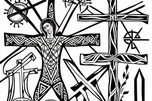 3 Christian Crosses like on calvary in the bible. With Geometric designs radiating around them. Back Tattoo tattoo idea