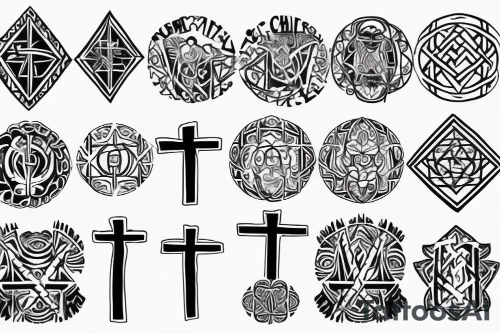 3 Christian Crosses like on calvary in the bible. With Geometric designs radiating around them. Back Tattoo tattoo idea