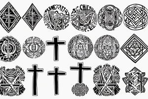 3 Christian Crosses like on calvary in the bible. With Geometric designs radiating around them. Back Tattoo tattoo idea