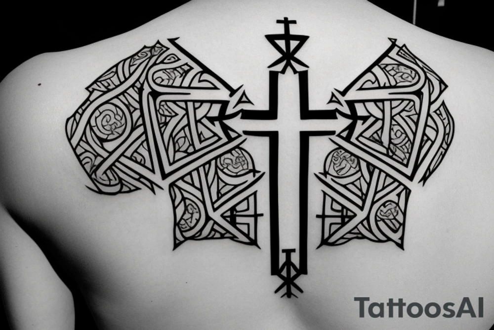 3 Christian Crosses like on calvary in the bible. With Geometric designs radiating around them. Back Tattoo tattoo idea