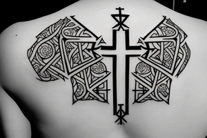 3 Christian Crosses like on calvary in the bible. With Geometric designs radiating around them. Back Tattoo tattoo idea