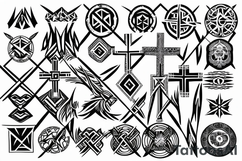 3 Christian Crosses like on calvary in the bible. With Geometric designs radiating around them. Back Tattoo tattoo idea