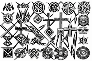 3 Christian Crosses like on calvary in the bible. With Geometric designs radiating around them. Back Tattoo tattoo idea