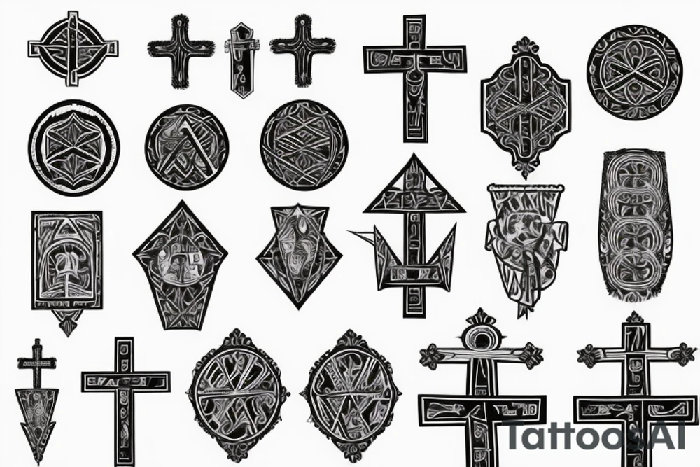 3 Christian Crosses like on calvary in the bible. With Geometric designs radiating around them. Back Tattoo tattoo idea