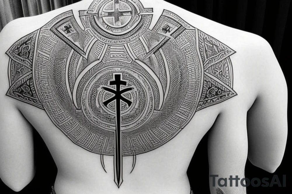 3 Christian Crosses like on calvary in the bible. With Geometric designs radiating around them. Back Tattoo tattoo idea