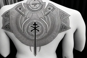 3 Christian Crosses like on calvary in the bible. With Geometric designs radiating around them. Back Tattoo tattoo idea