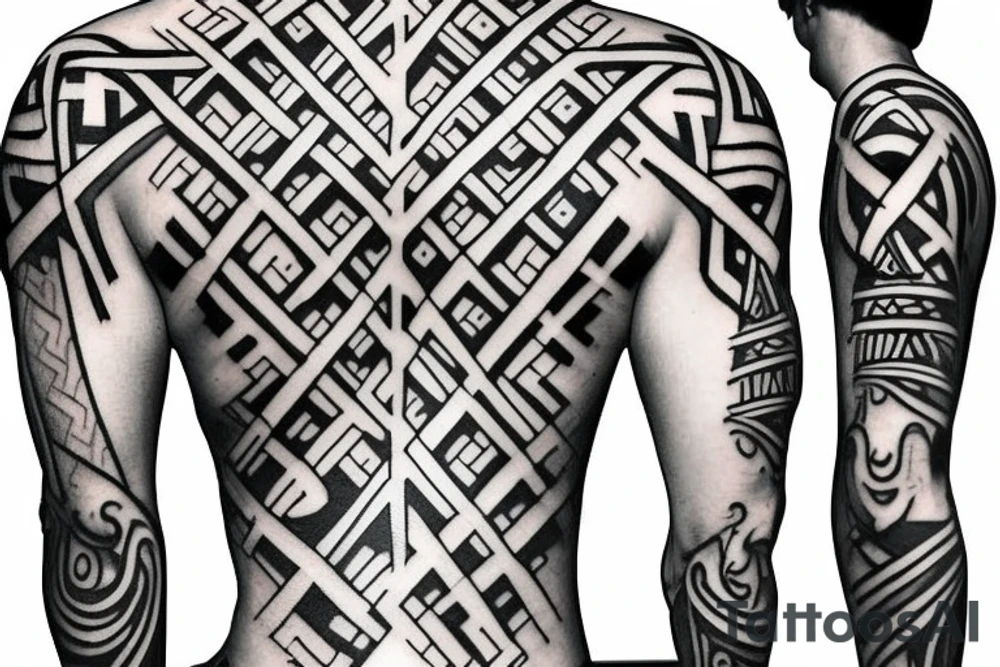 3 Christian Crosses like on calvary in the bible. With Geometric designs radiating around them. Back Tattoo tattoo idea