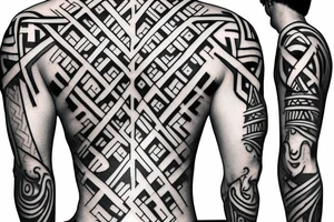 3 Christian Crosses like on calvary in the bible. With Geometric designs radiating around them. Back Tattoo tattoo idea