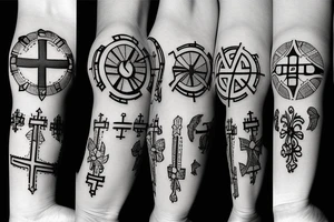 3 single Christian crosses of different sizes inside a circle. tattoo idea