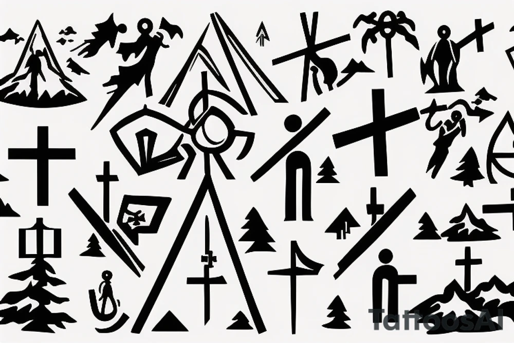 3 single Christian crosses of different on a hill. Sunset Background. tattoo idea