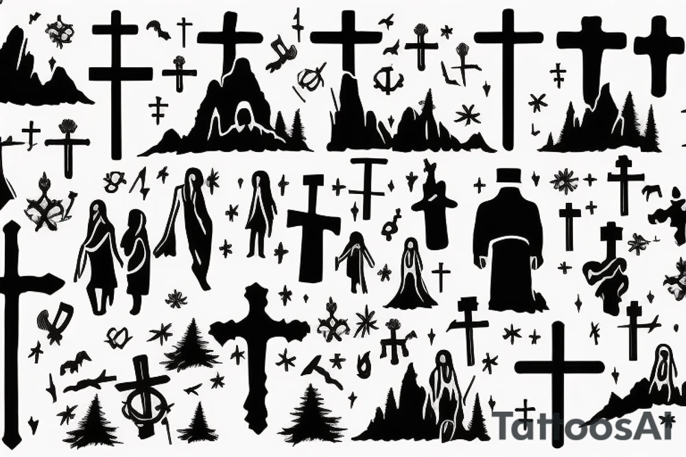 3 single Christian crosses of different sizes on a hill. Sunset Background. tattoo idea