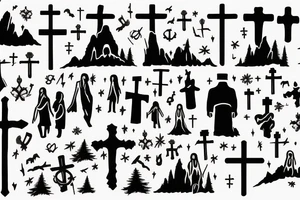 3 single Christian crosses of different sizes on a hill. Sunset Background. tattoo idea