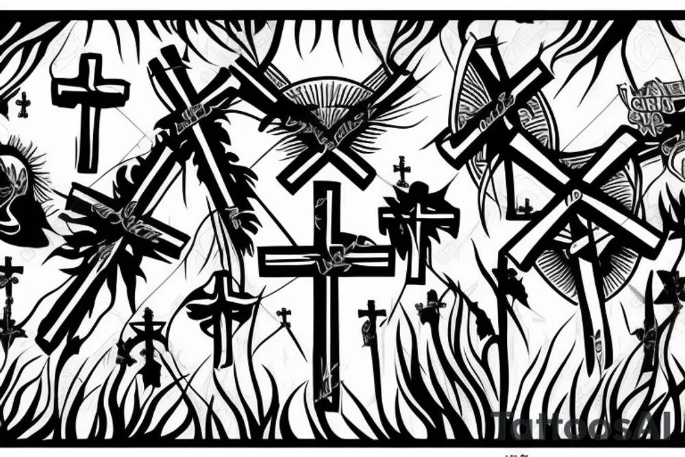 3 single Christian crosses of different sizes on a hill. Sunset Background. tattoo idea