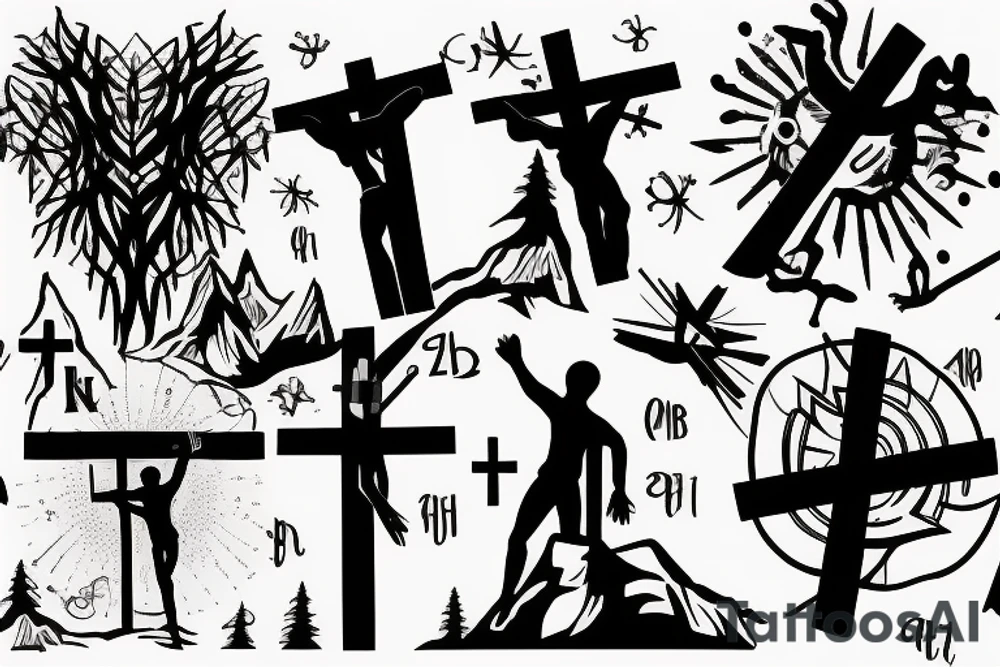 3 single Christian crosses of different sizes on a hill. Sunset Background. tattoo idea