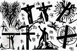 3 single Christian crosses of different sizes on a hill. Sunset Background. tattoo idea