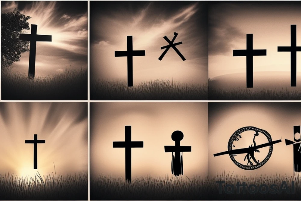 3 single Christian crosses of different sizes on a hill. Sunset Background. tattoo idea