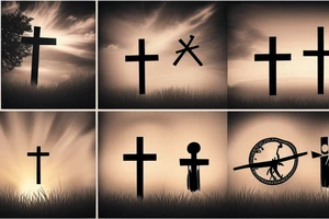 3 single Christian crosses of different sizes on a hill. Sunset Background. tattoo idea