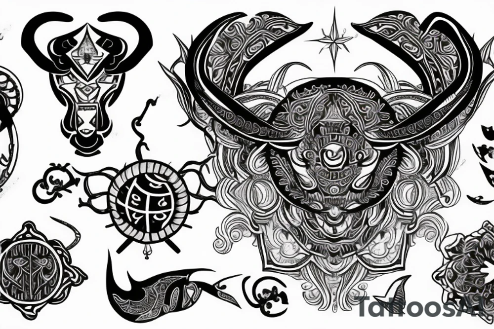 Tattoo that combines the zodiac symbols for taurus, aries, and scorpio tattoo idea