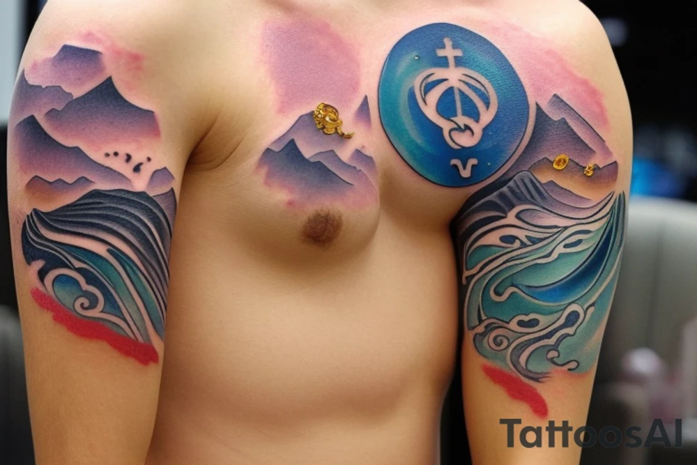 The tattoo can feature the symbols of water and earth, for example, waves and mountains, intertwining and merging together to represent their interaction. In the center, we can place the combined symbols of Scorpio and Taurus, emphasizing the fusion of their energies. Behind them, we can add small elements symbolizing balance, such as balanced scales or a pair of equilibrating bowls. tattoo idea