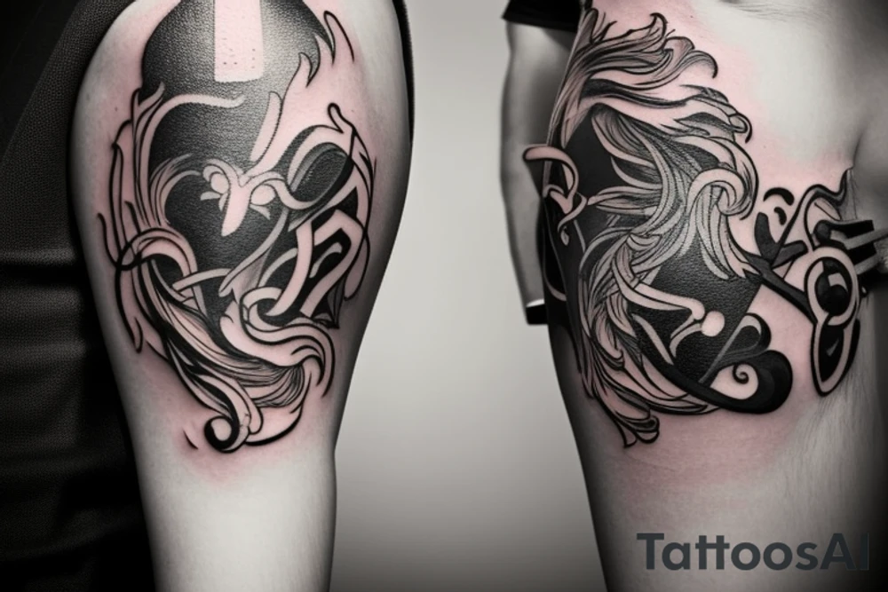 The tattoo will feature a fusion of the Scorpio and Taurus symbols, intertwining to form a unified shape. The Scorpio can be represented with its striking stinger and tapered tail, while the Taurus can be depicted with its majestic horns. These elements will blend together in a stylish and harmonious manner, emphasizing the merging of energies from both signs. Harmonious color tones can be used to complement the design and express the balance between them. tattoo idea