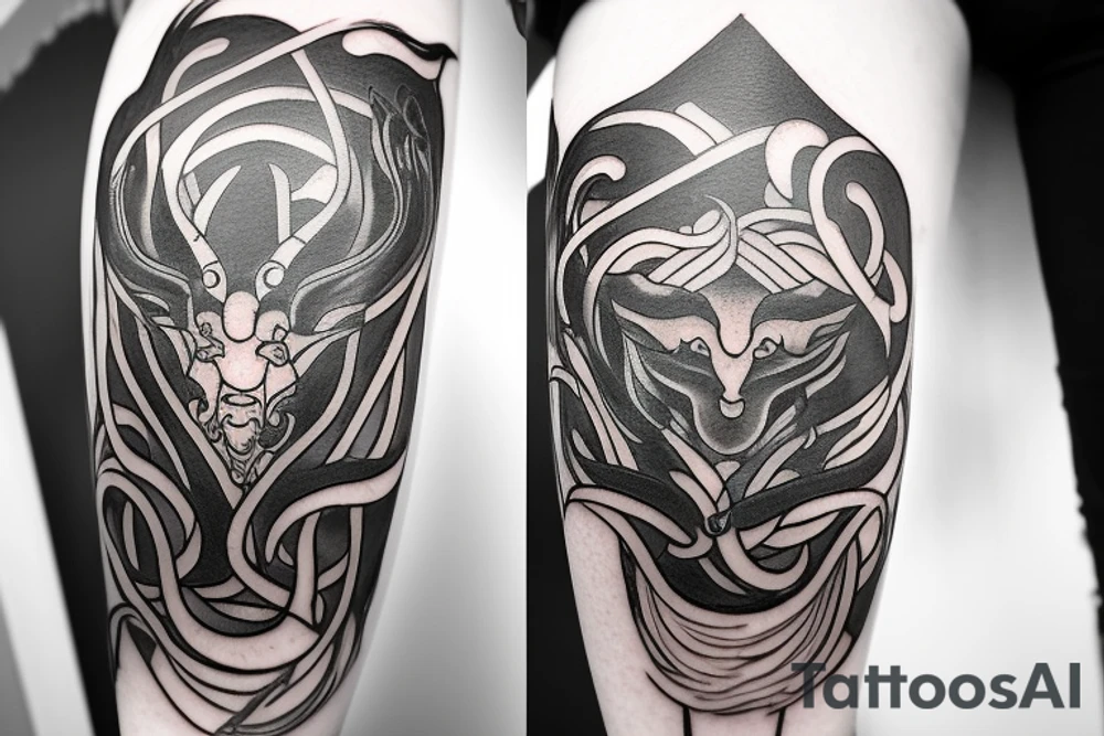 The tattoo will feature a fusion of the Scorpio and Taurus symbols, intertwining to form a unified shape. The Scorpio can be represented with its striking stinger and tapered tail, while the Taurus can be depicted with its majestic horns. These elements will blend together in a stylish and harmonious manner, emphasizing the merging of energies from both signs. Harmonious color tones can be used to complement the design and express the balance between them. tattoo idea