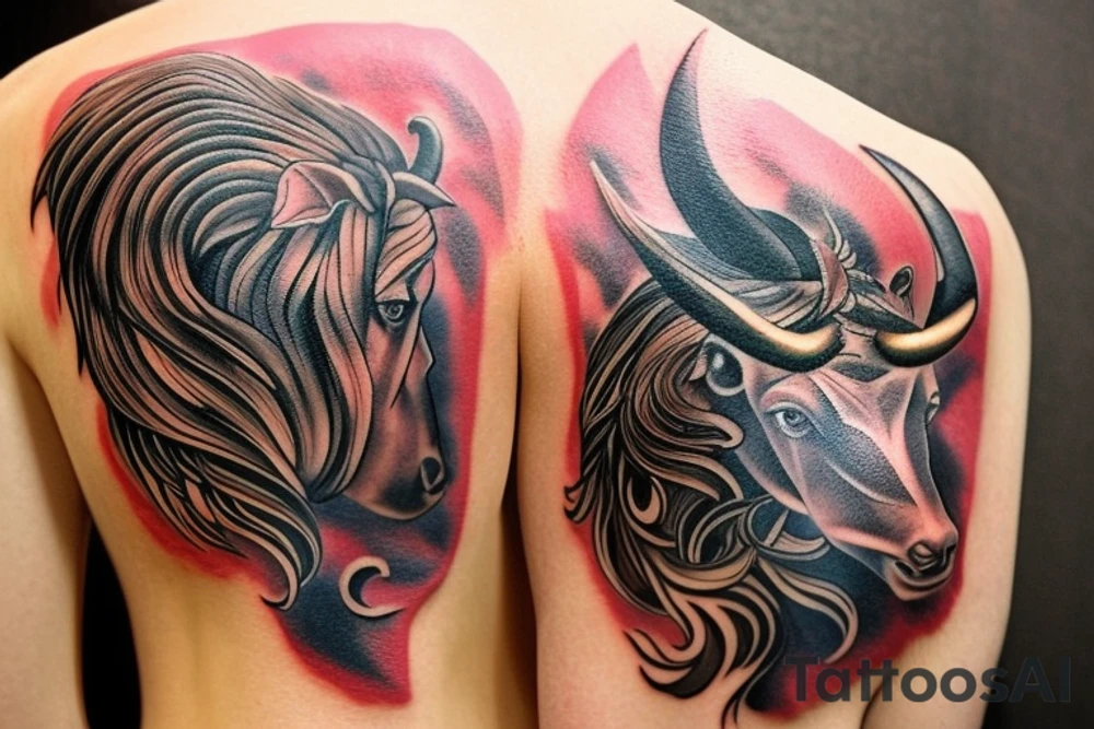 The tattoo will feature a fusion of the Scorpio and Taurus symbols, intertwining to form a unified shape. The Scorpio can be represented with its striking stinger and tapered tail, while the Taurus can be depicted with its majestic horns. These elements will blend together in a stylish and harmonious manner, emphasizing the merging of energies from both signs. Harmonious color tones can be used to complement the design and express the balance between them. tattoo idea