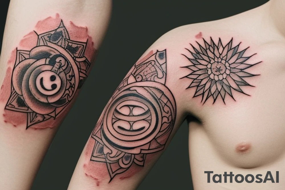 The pair tattoo design will consist of two complementary elements that represent balance and harmony when placed together. One tattoo can feature a delicate yin-yang symbol, representing the balance of opposites and the interconnectedness of life. The other tattoo can incorporate a lotus flower with its roots firmly grounded in the earth and its petals reaching towards the sky, symbolizing balance and growth. tattoo idea