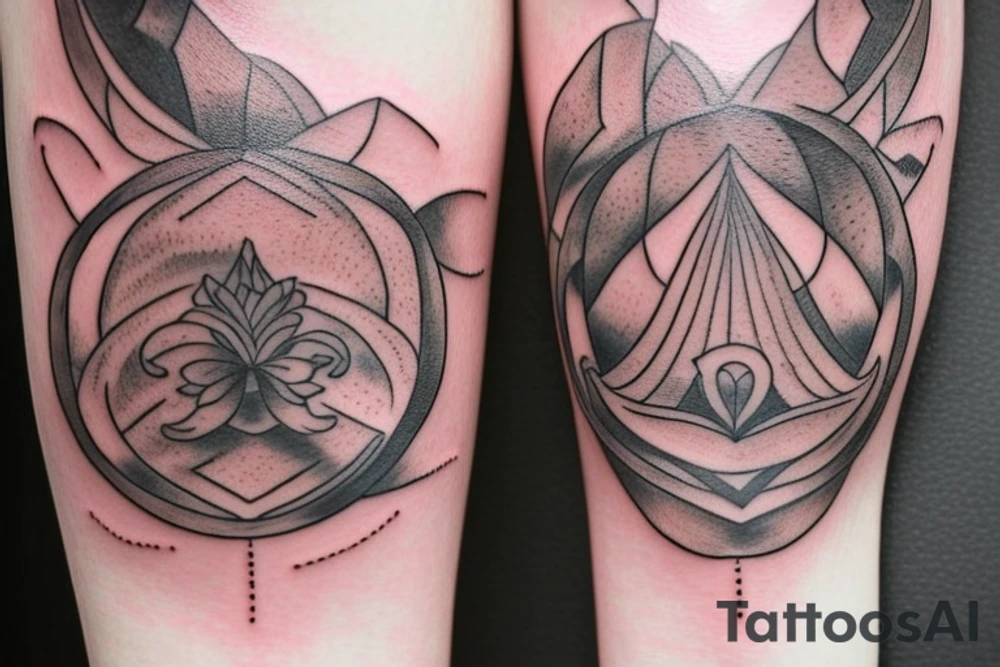 The pair tattoo design will consist of two complementary elements that represent balance and harmony when placed together. One tattoo can feature a delicate yin-yang symbol, representing the balance of opposites and the interconnectedness of life. The other tattoo can incorporate a lotus flower with its roots firmly grounded in the earth and its petals reaching towards the sky, symbolizing balance and growth. tattoo idea
