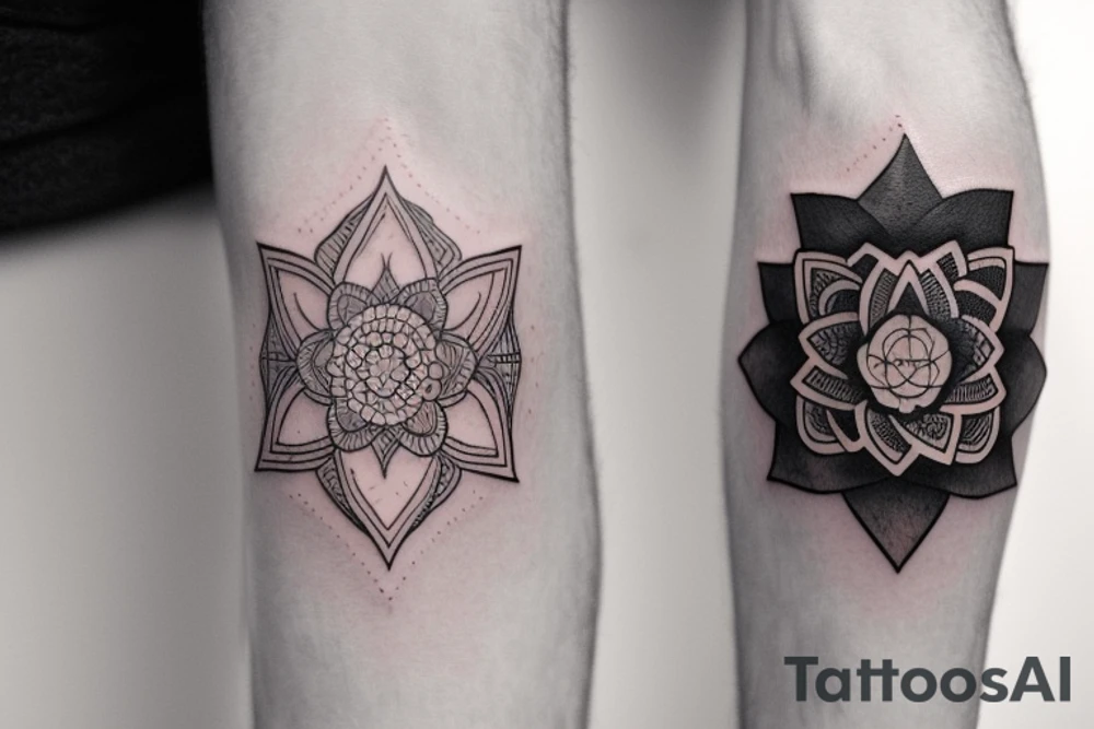 The pair tattoo design will consist of two complementary elements that represent balance and harmony when placed together. One tattoo can feature a delicate yin-yang symbol, representing the balance of opposites and the interconnectedness of life. The other tattoo can incorporate a lotus flower with its roots firmly grounded in the earth and its petals reaching towards the sky, symbolizing balance and growth. tattoo idea