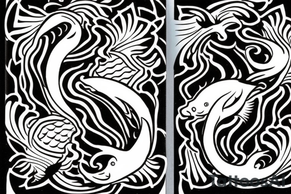 The tattoo will be done in a Japanese-style and will incorporate fish as the central element. In Japanese culture, fish hold special significance, and one of the popular symbols is koi fish, representing resilience and determination. In this design, we can depict two koi fish, one in black color and the other in white, to emphasize the concept that there is no black without white, and vice versa. The koi fish can be stylized, swimming in water surrounded by wave motifs or other elements of nature. tattoo idea