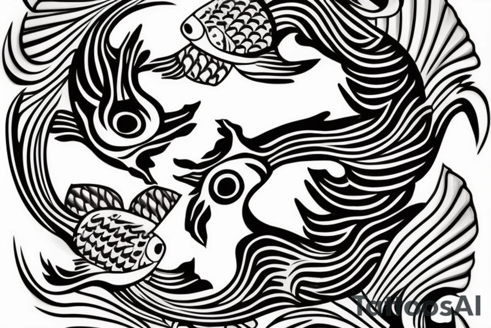The tattoo will be done in a Japanese-style and will incorporate fish as the central element. In Japanese culture, fish hold special significance, and one of the popular symbols is koi fish, representing resilience and determination. In this design, we can depict two koi fish, one in black color and the other in white, to emphasize the concept that there is no black without white, and vice versa. The koi fish can be stylized, swimming in water surrounded by wave motifs or other elements of nature. tattoo idea