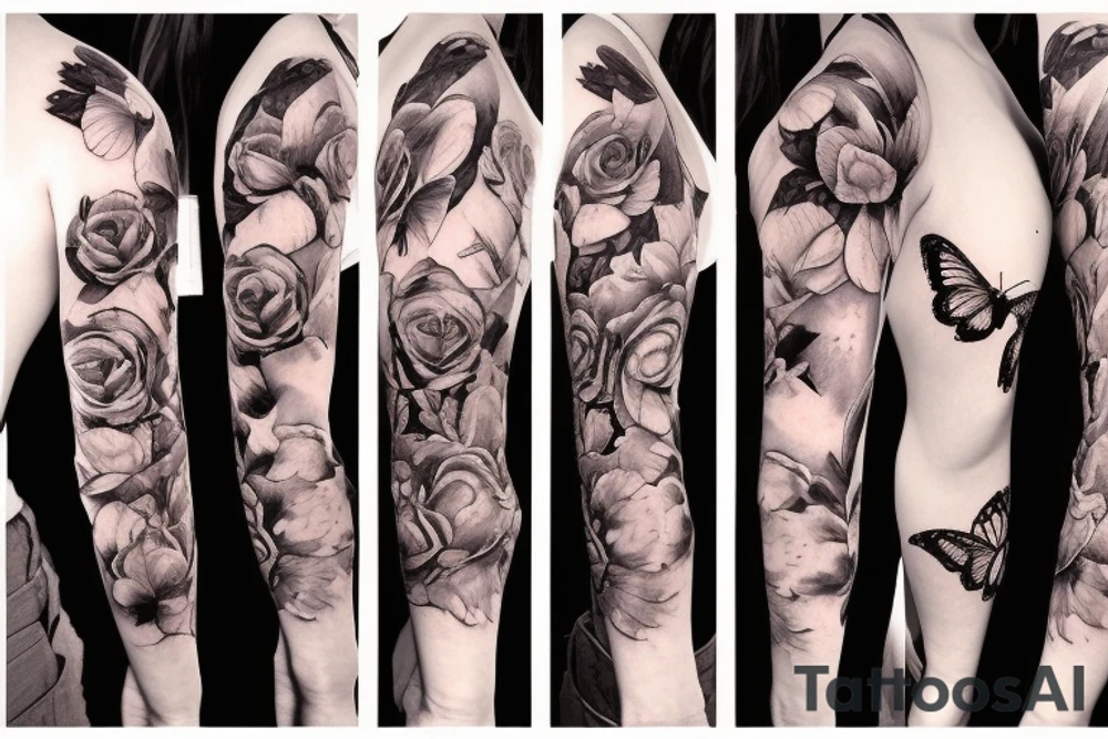 roses with butterfly, sleeve tattoo tattoo idea