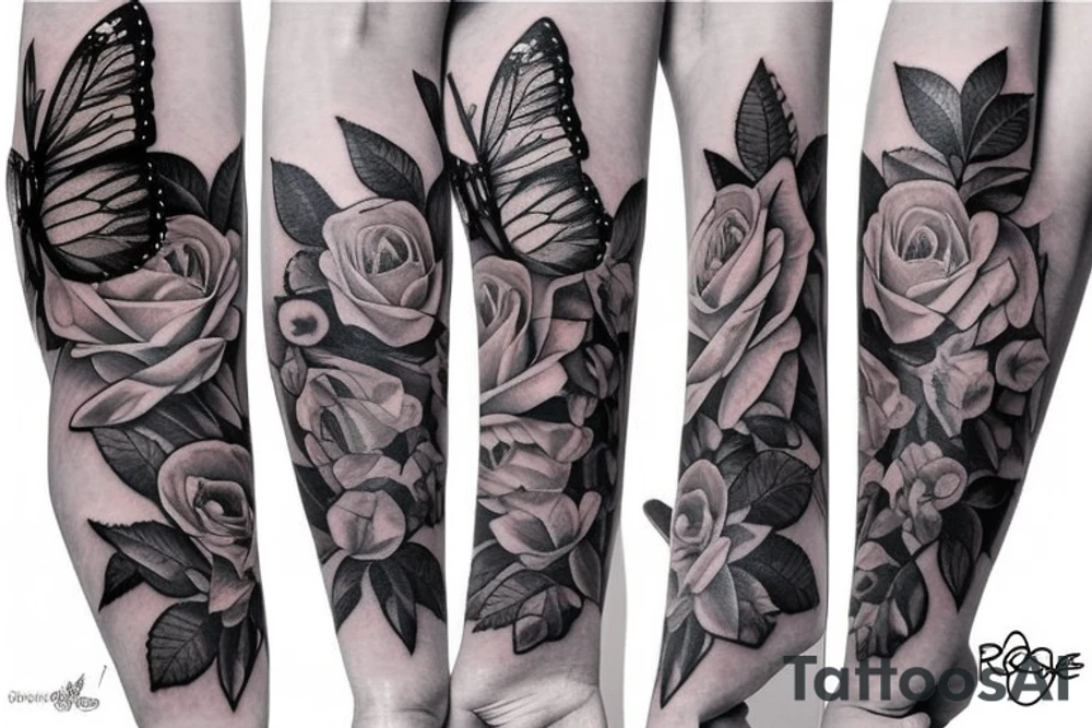 roses with butterfly, sleeve tattoo tattoo idea