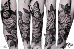 roses with butterfly, sleeve tattoo tattoo idea