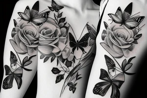 roses with butterfly in the middle, sleeve tattoo tattoo idea