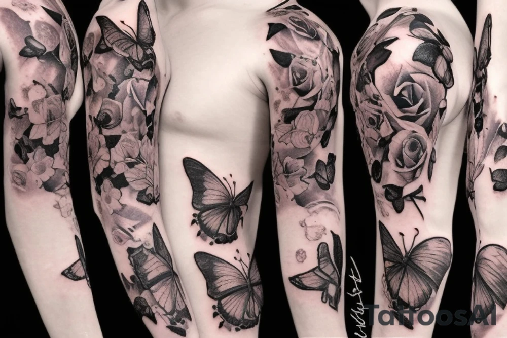 roses with butterfly in the middle, sleeve tattoo tattoo idea