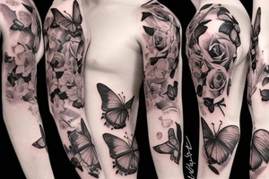 roses with butterfly in the middle, sleeve tattoo tattoo idea