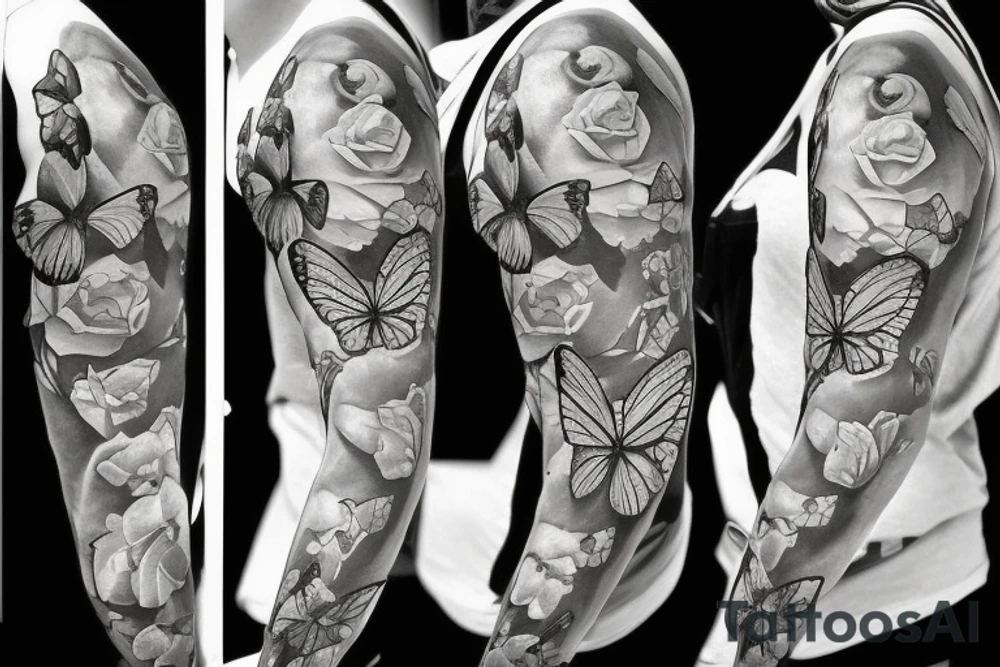 butterfly with roses , sleeve tattoo tattoo idea