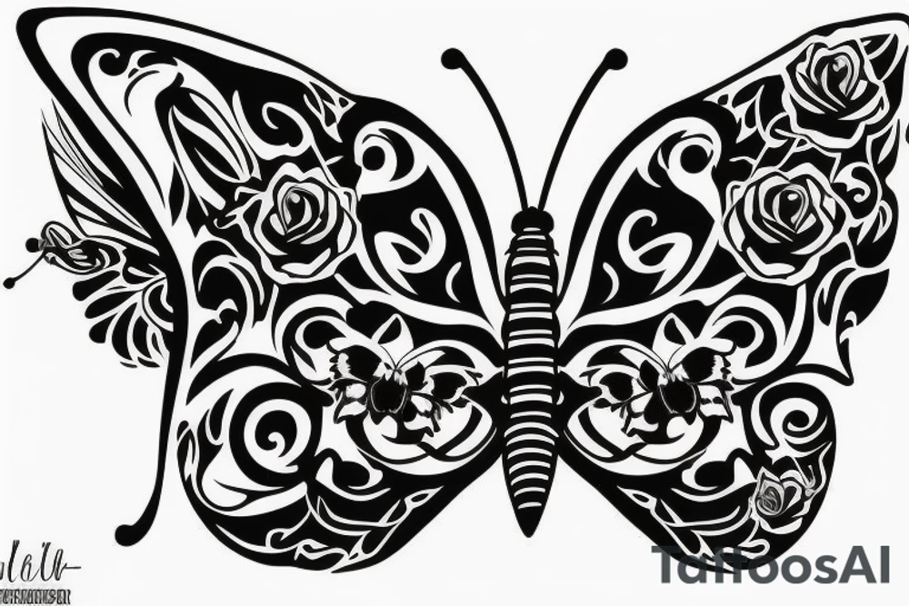 butterfly with roses , sleeve tattoo tattoo idea