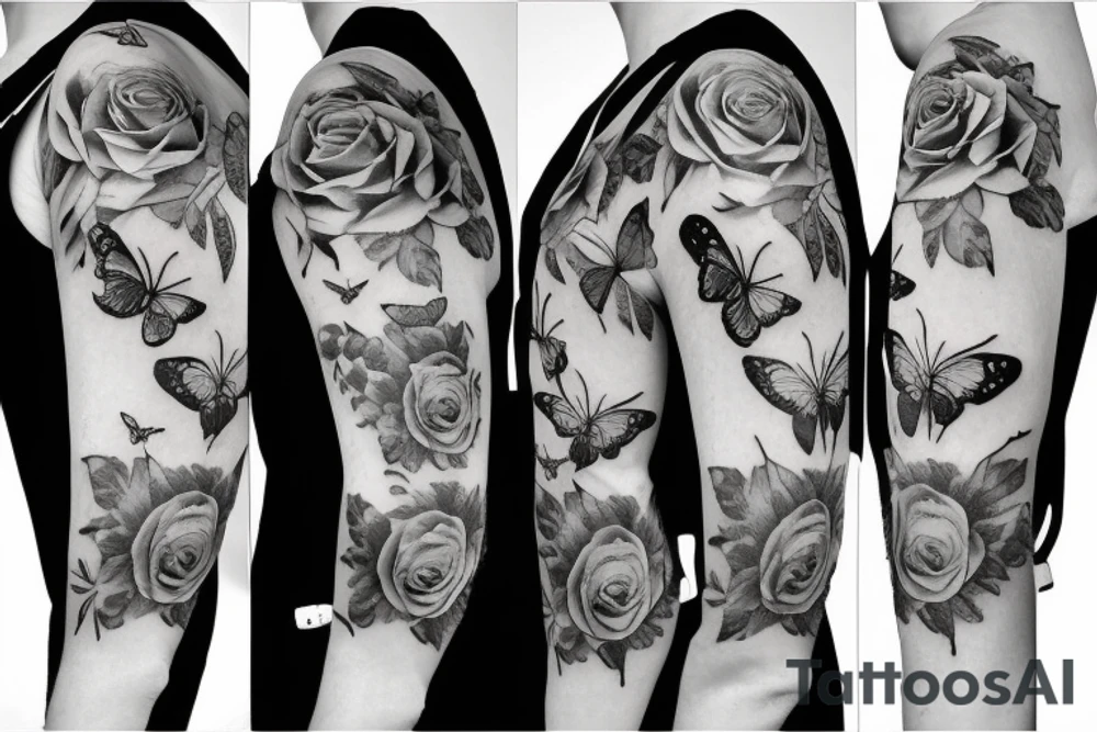 roses with butterfly , sleeve tattoo tattoo idea