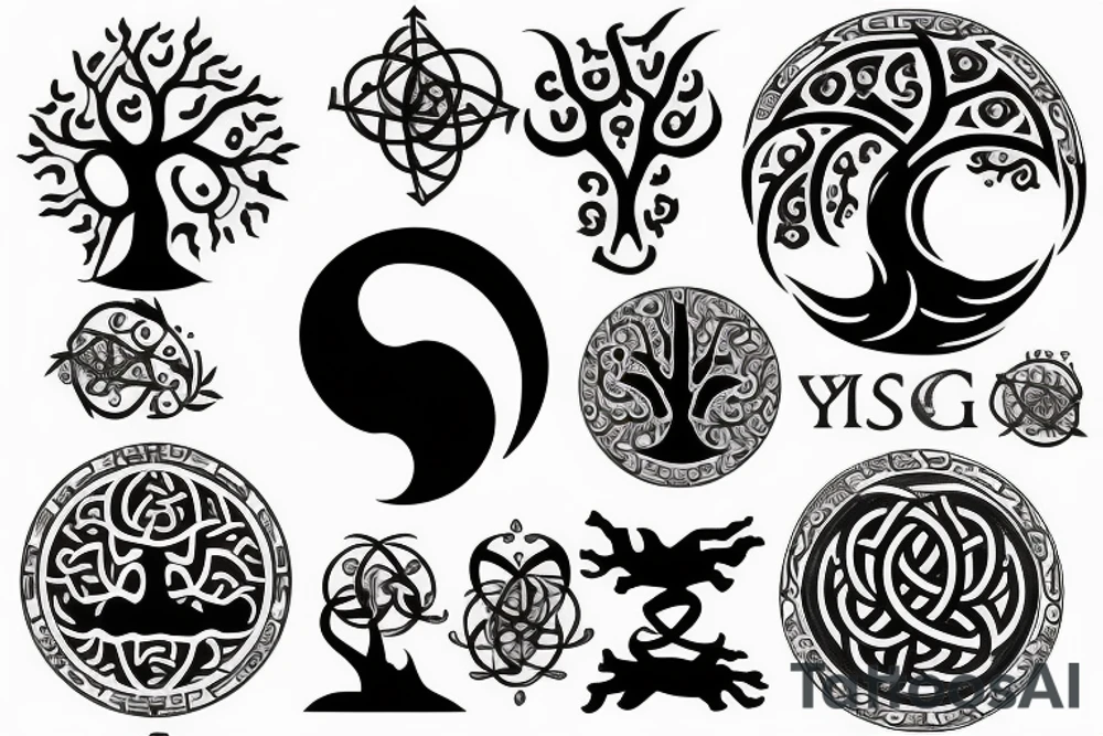 Ying yang symbol with cancer astrology symbol and tree of life tattoo idea