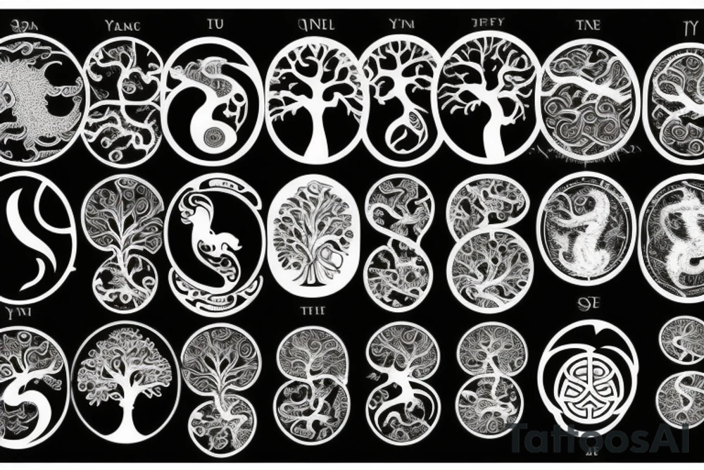 Ying yang symbol with cancer astrology symbol and tree of life tattoo idea