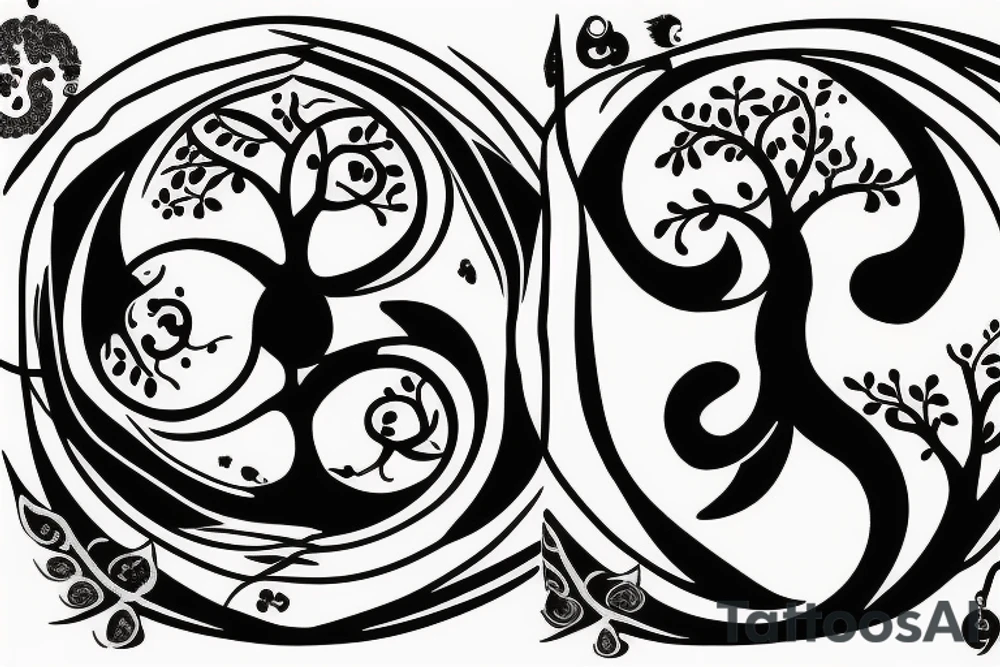Ying yang symbol with cancer astrology symbol and tree of life tattoo idea