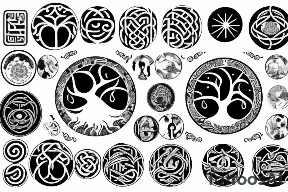Yin yang symbol with cancer astrology symbol and tree of life tattoo idea