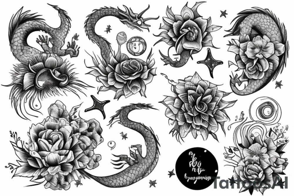 a book opened to flowers, mountains, ocean animals, stars, dragons, planets and sky tattoo idea